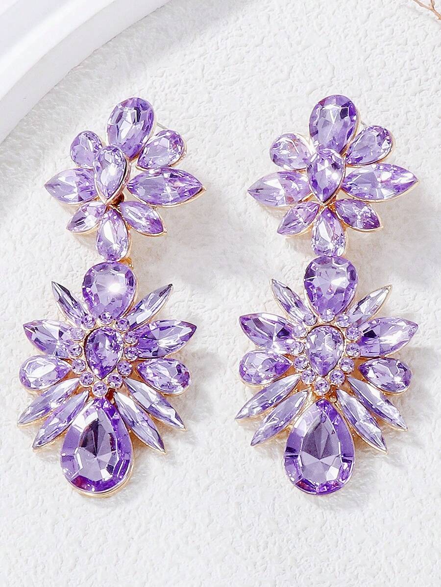 Rhinestone Flower Pendant Earrings - Purple