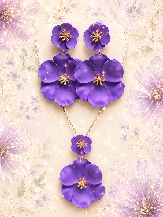 Custom Necklace - Metallic Painted Floral Earrings - Purple