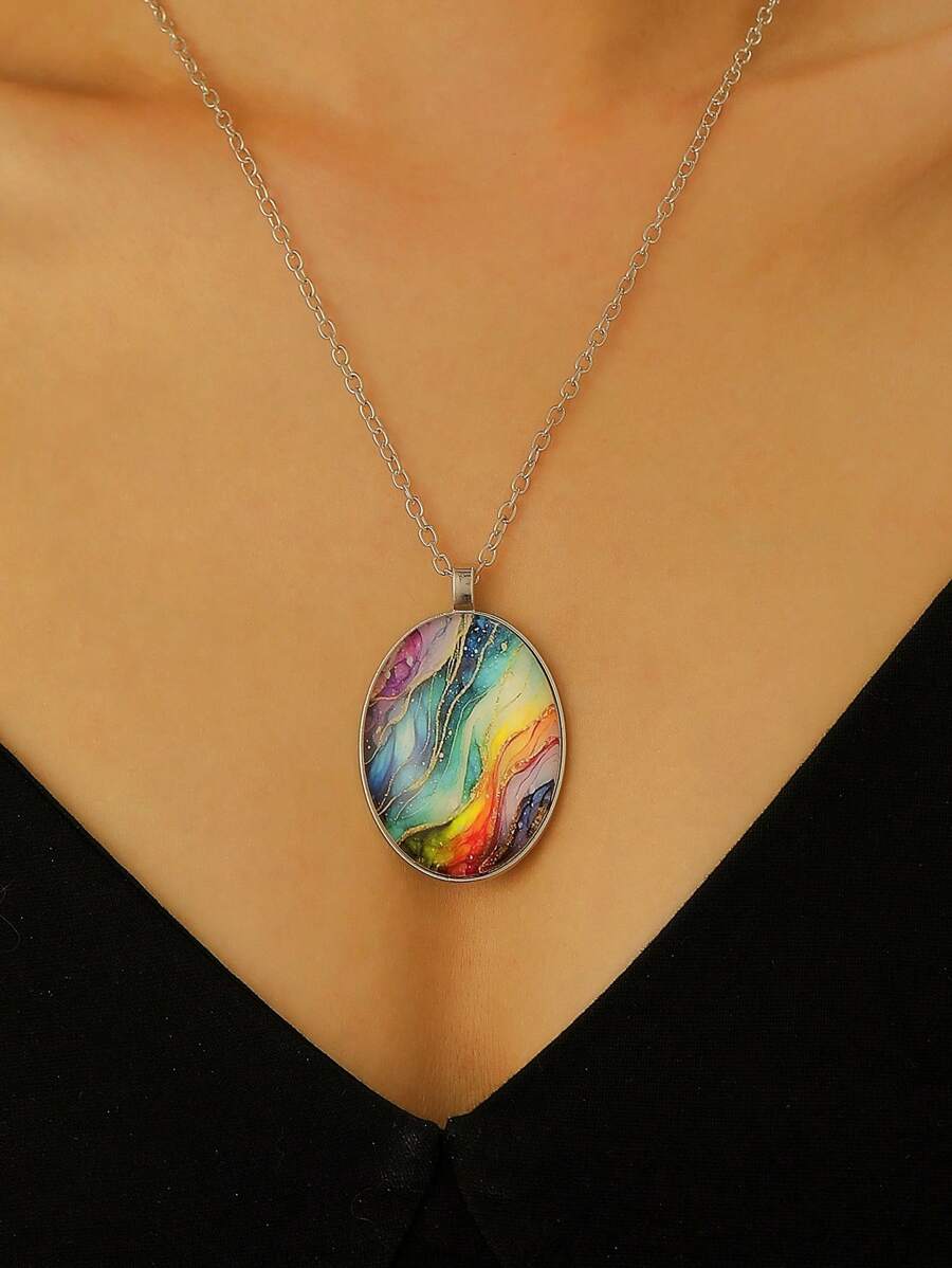 Colorful Starry Sky Ellipse Pendant Necklace