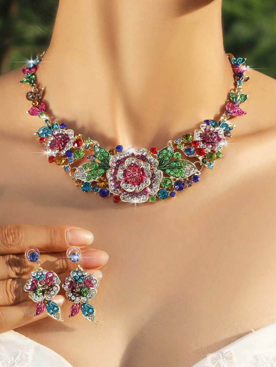 Heirloom Collection Floral Pendant Necklace & Earrings Jewelry Set - Multicolor