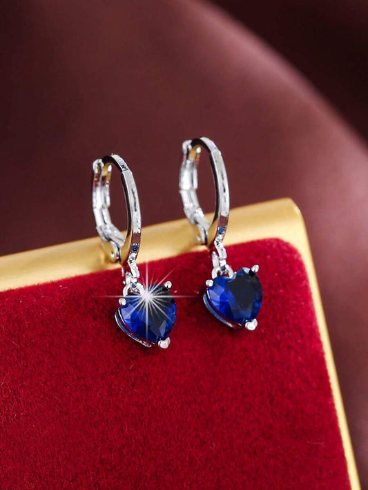 CZ Heart Drop Earring - Blue