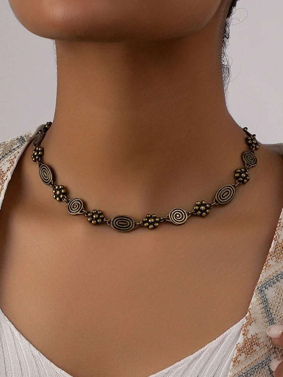 Spiral Floral Necklace - Old Gold