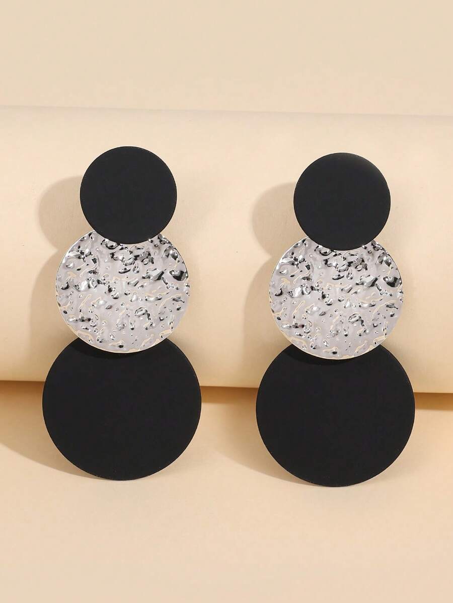 Contrast Color Round Textured Disc Earrings - Silver