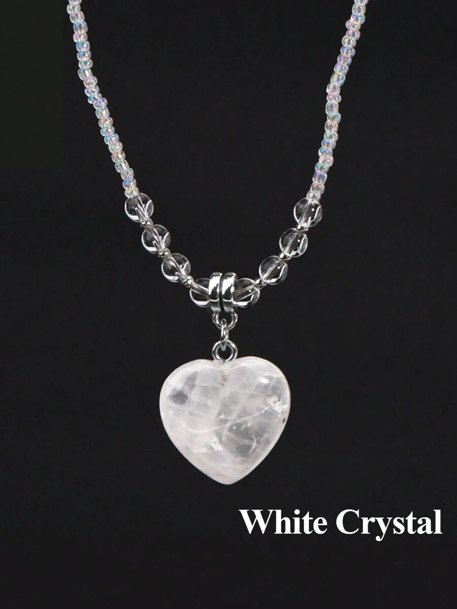 Heart Natural Stone Crystal Necklace - White Crystal