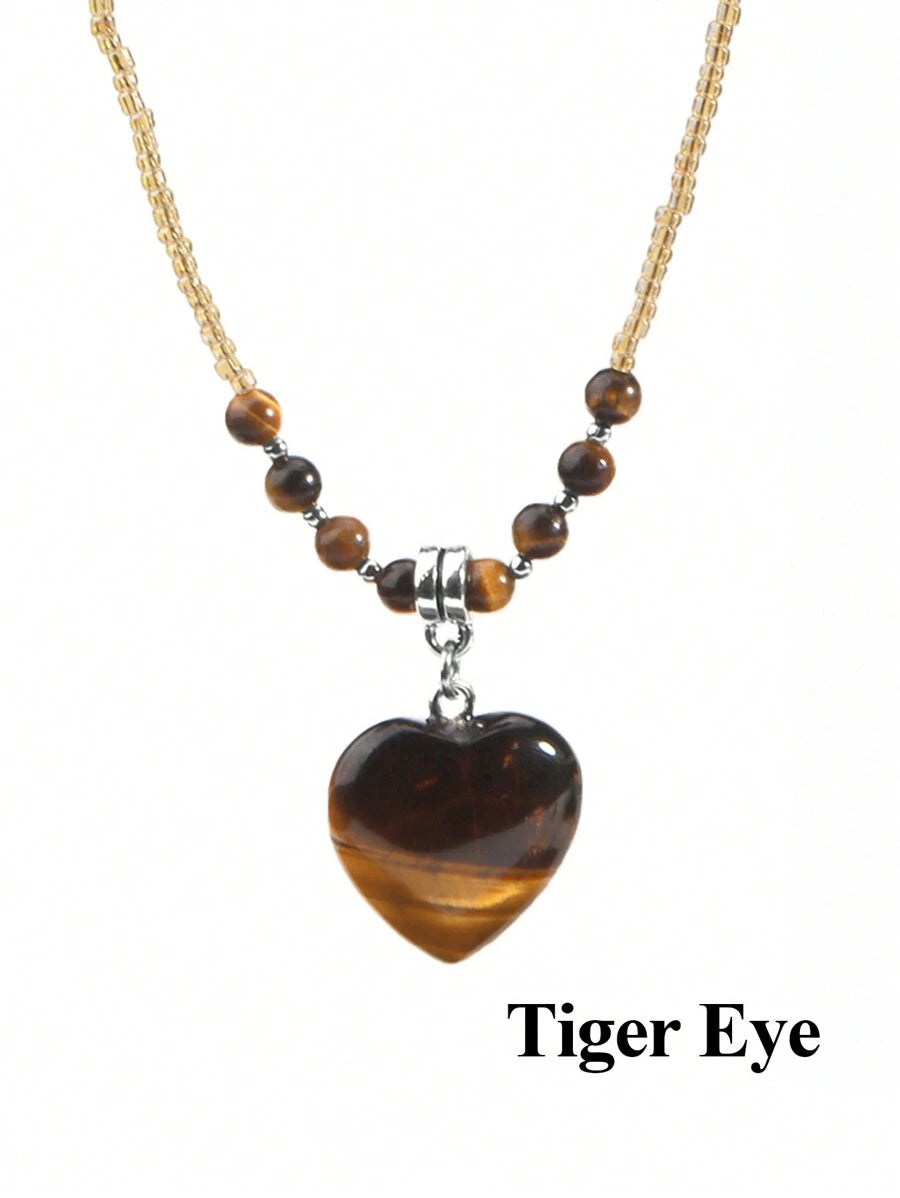 Heart Natural Stone Crystal Necklace - Tiger Eye Stone