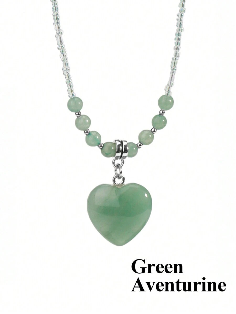 Heart Natural Stone Crystal Necklace - Green