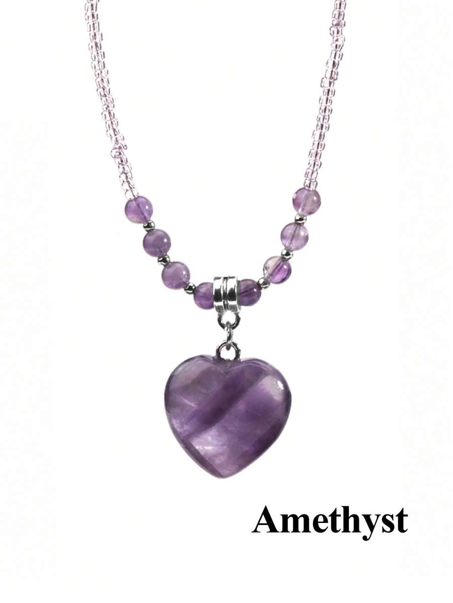 Heart Natural Stone Crystal Necklace - Purple