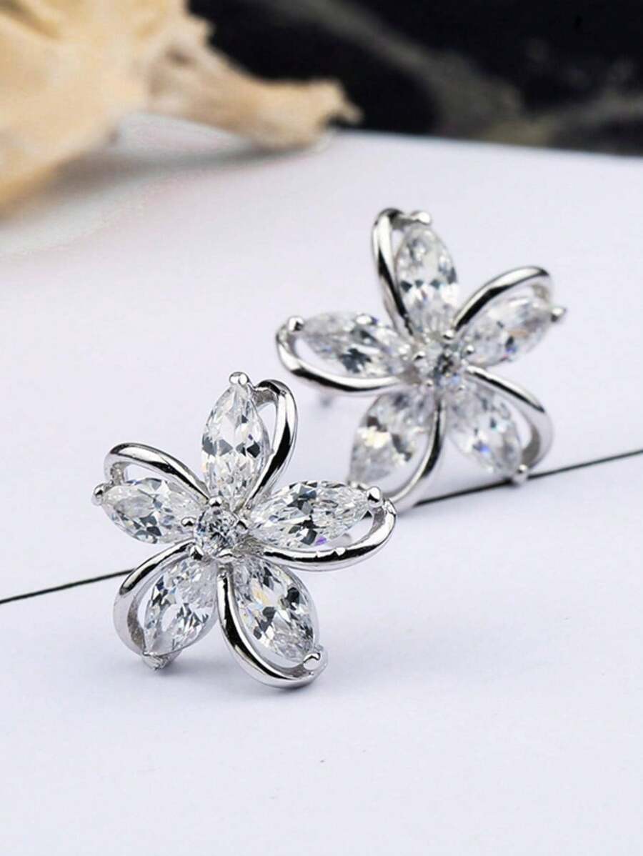 CZ Flower Stud Earrings - white