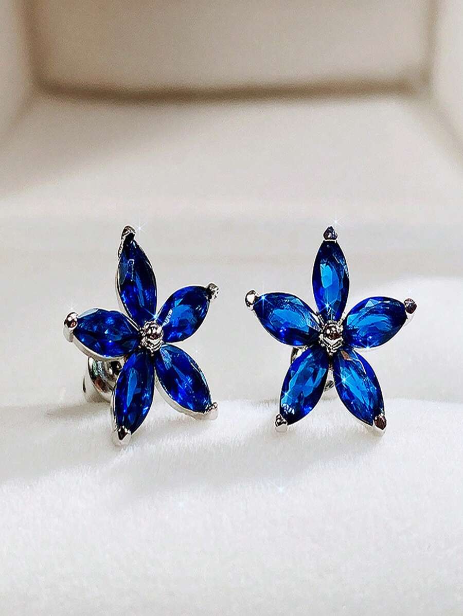 CZ Flower Stud Earrings - Blue