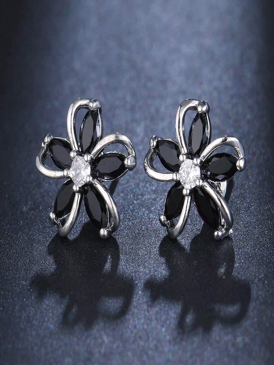 CZ Flower Stud Earrings - Black