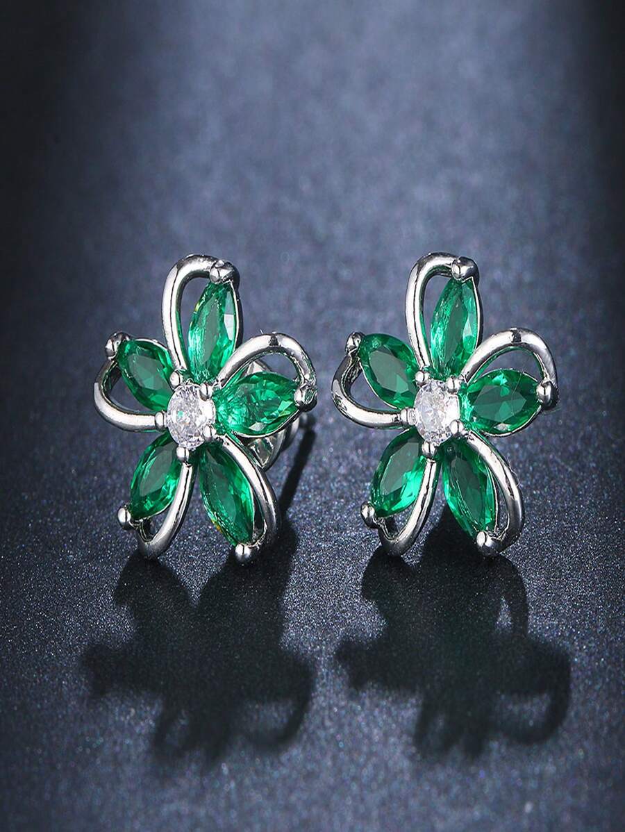 CZ Flower Stud Earrings - Green