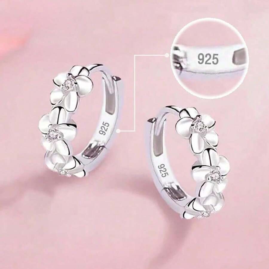 Small Rose Flower Hoop Earring - Silver