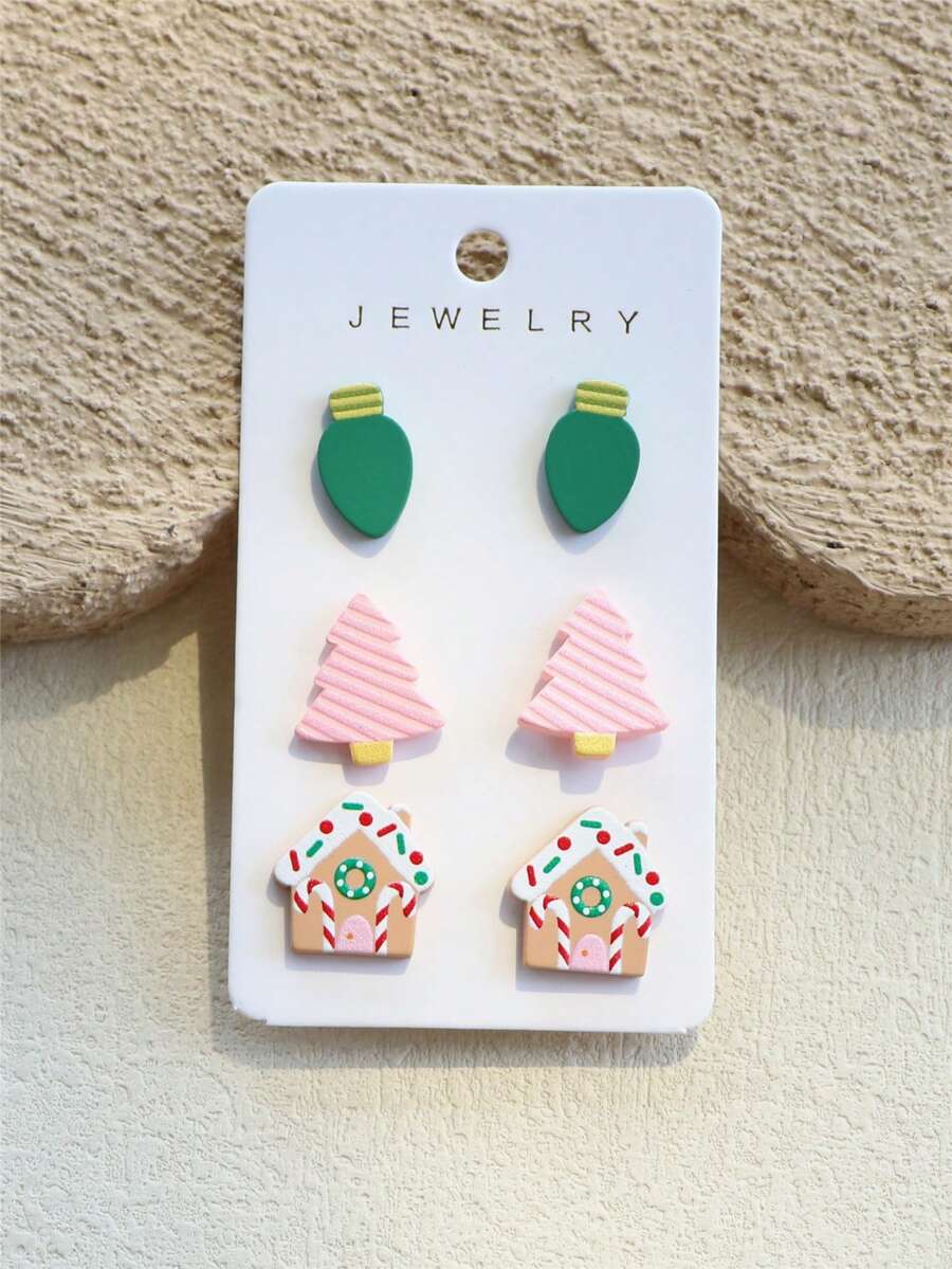 Christmas Colorful Lights, Pink Christmas Tree, Santa Claus House Earrings