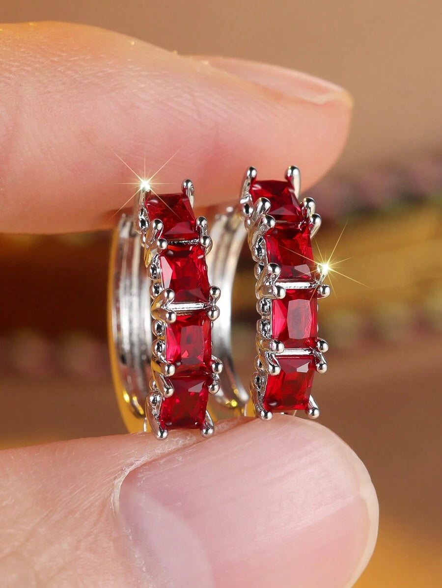 CZ Hoop Earring - Red