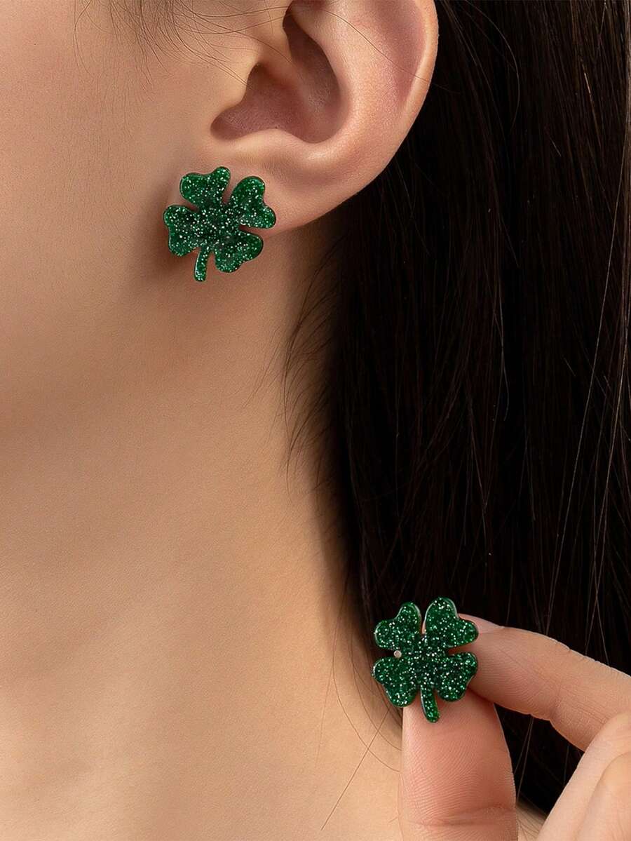 Sparkling Four Leaf Clover Earring - Green