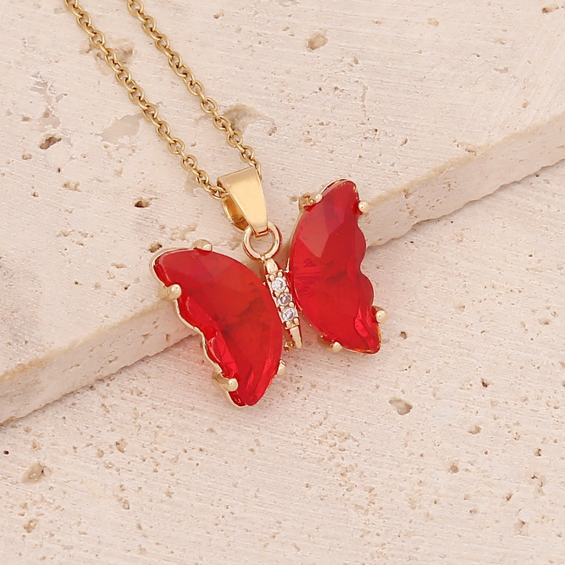 Butterfly Crystal Necklace - Red