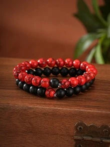 Round Crackle Stone Bracelets - Red/Black