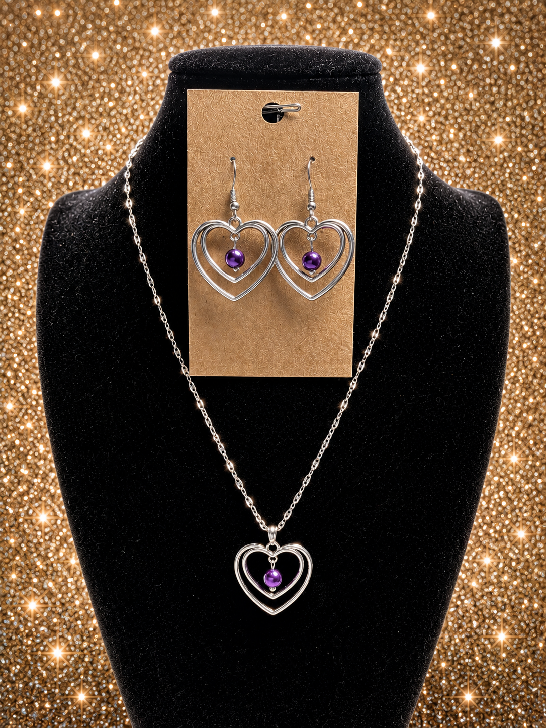 Custom Necklaces - Double Pearl Heart - Purple