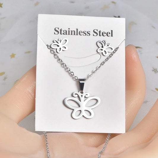 Butterfly Stainless Steel Hollow Out Earrings and Necklace Set