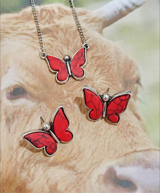 Butterfly Crackle Stone Necklace - Red