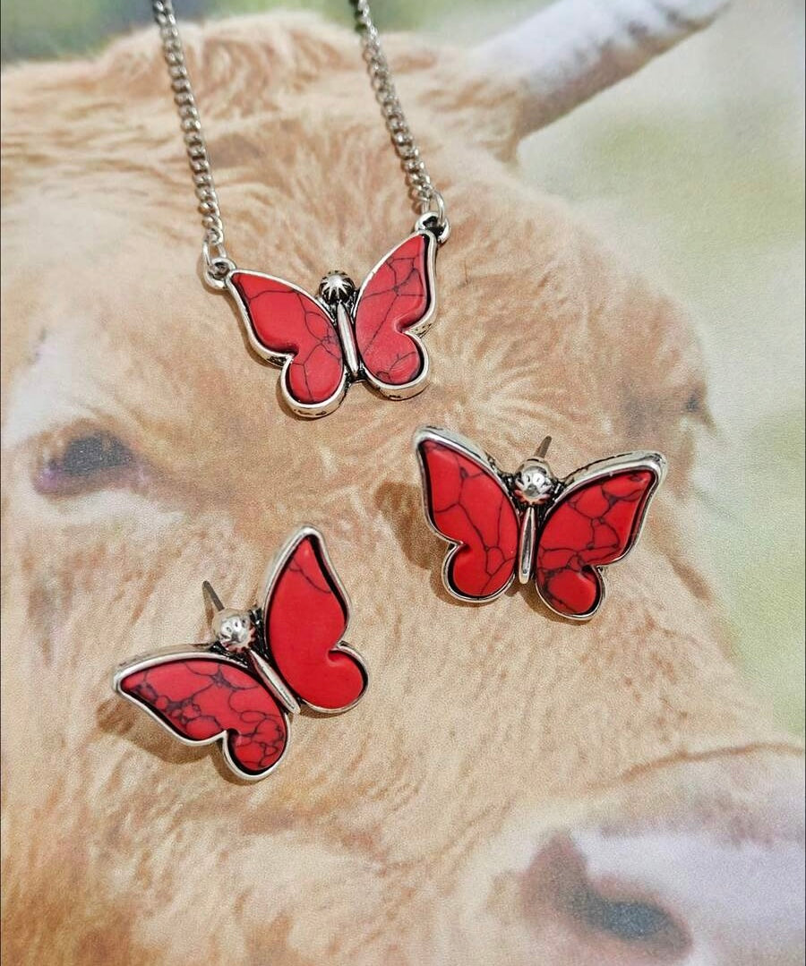 Butterfly Crackle Stone Earrings - Red