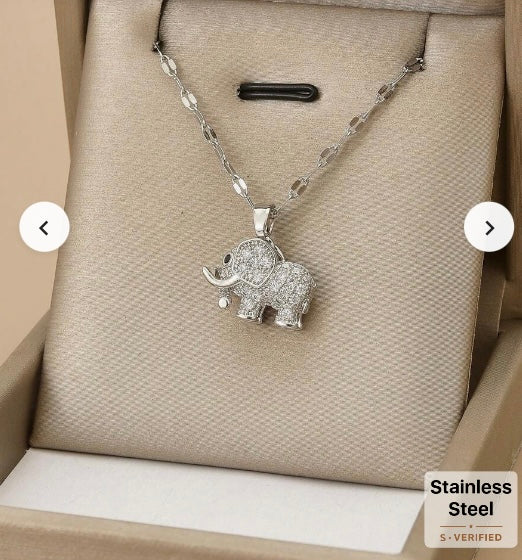 Rhinestone Stainless Steel Elephant Necklace