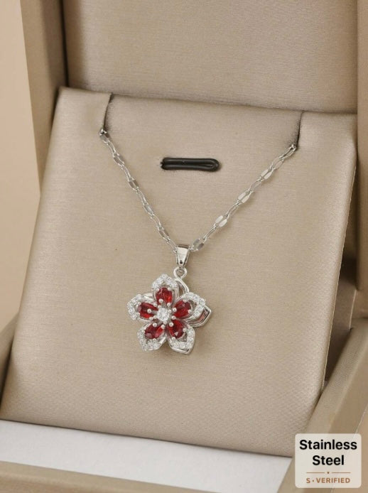 5-Petal Spinner Flower Necklace - Red