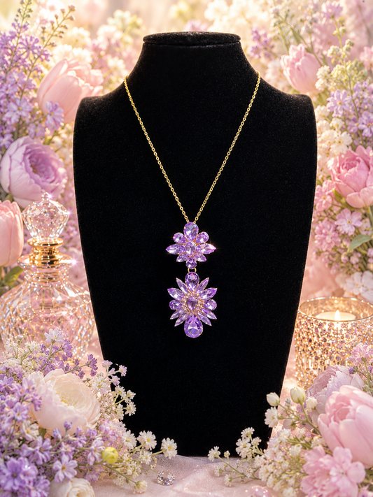 Custom Necklace- Rhinestone Flower Pendant - Purple