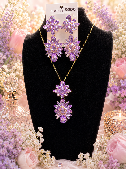 Custom Necklace- Rhinestone Flower Pendant - Purple