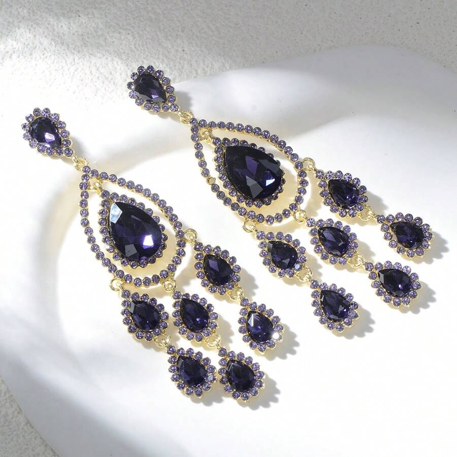 Teardrop Crystal Chandelier Dangle Earring - Purple