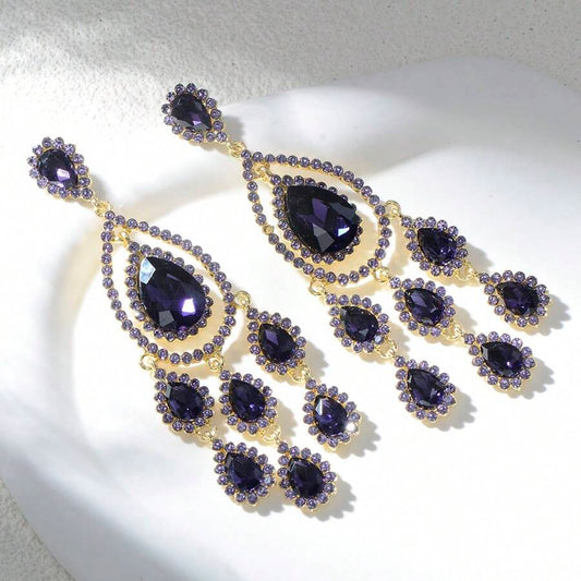 Teardrop Crystal Chandelier Dangle Earring - Purple
