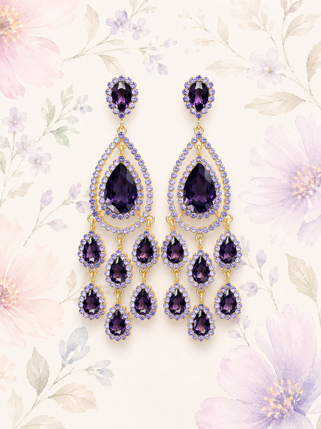 Teardrop Crystal Chandelier Dangle Earring - Purple