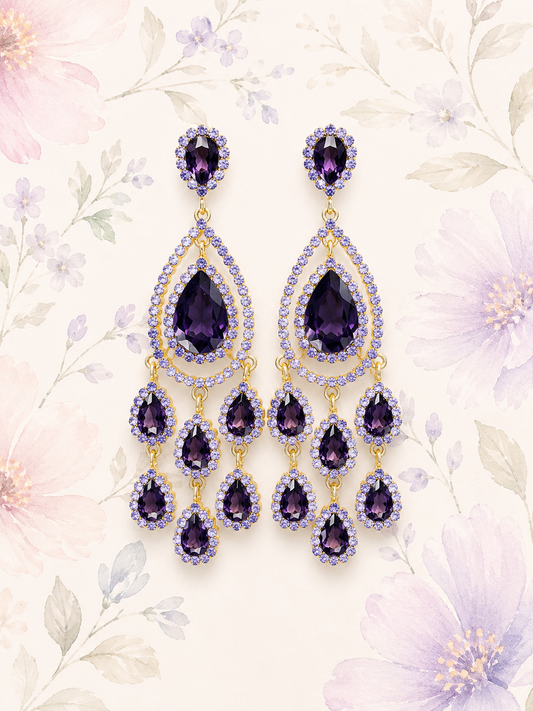 Teardrop Crystal Chandelier Dangle Earring - Purple
