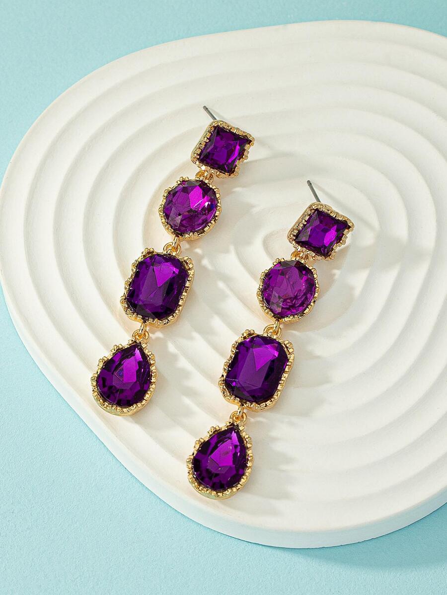 Rhinestone Water Drop Earrings - Purple
