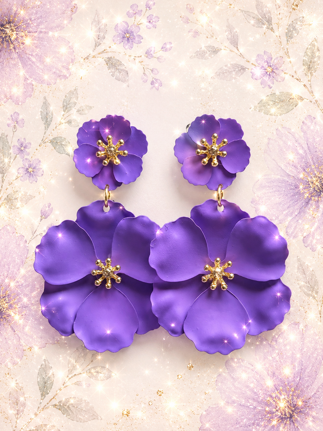 Metallic Painted Floral Earrings - Purple
