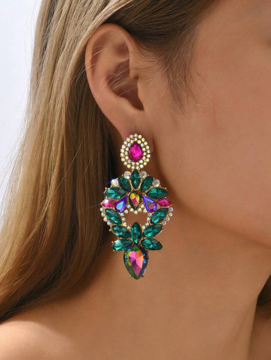 Geometric Glass Crystal Earrings - Green