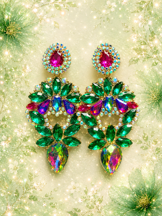 Geometric Glass Crystal Earrings - Green