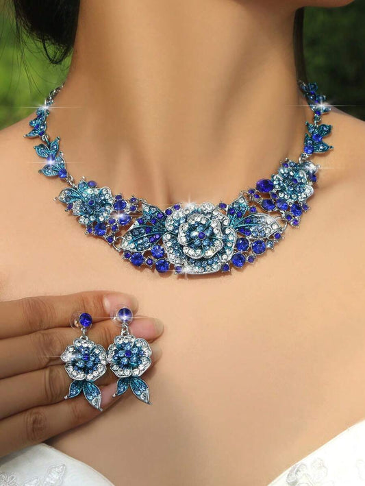 Heirloom Collection Floral Rhinestone Pendant Necklace & Earrings Jewelry Set