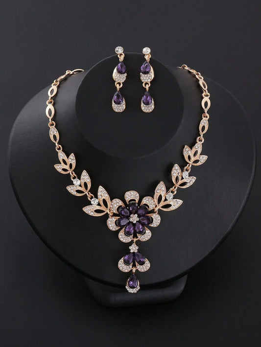 Heirloom Collection Floral Design Necklace & Earrings Jewelry Set - Purple