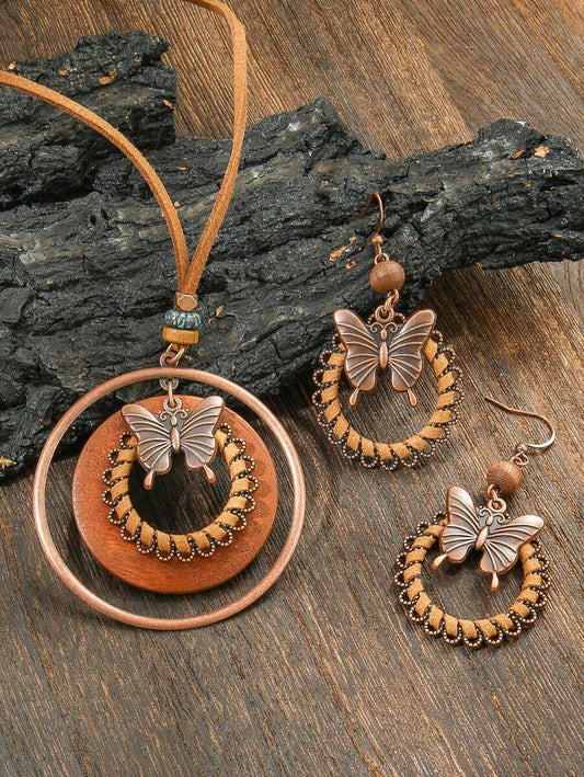 Vintage Butterfly Pendant and Earrings Necklace Set