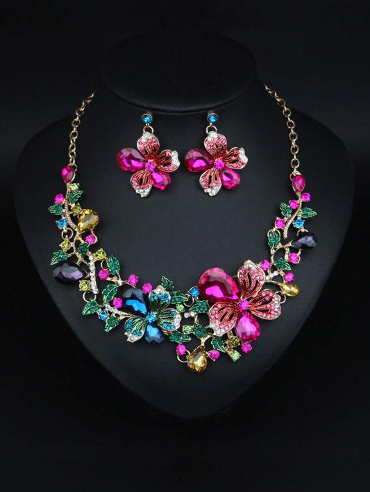 Heirloom Collection Floral Rhinestone Pendant Necklace & Earrings Jewelry Set - Multicolor