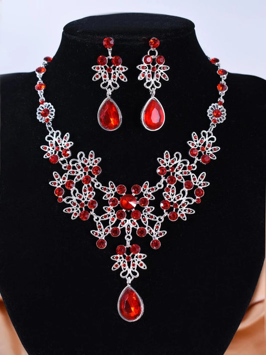 Heirloom Collection Rhinestone Pendant Necklace & Earrings Jewelry Set - Red