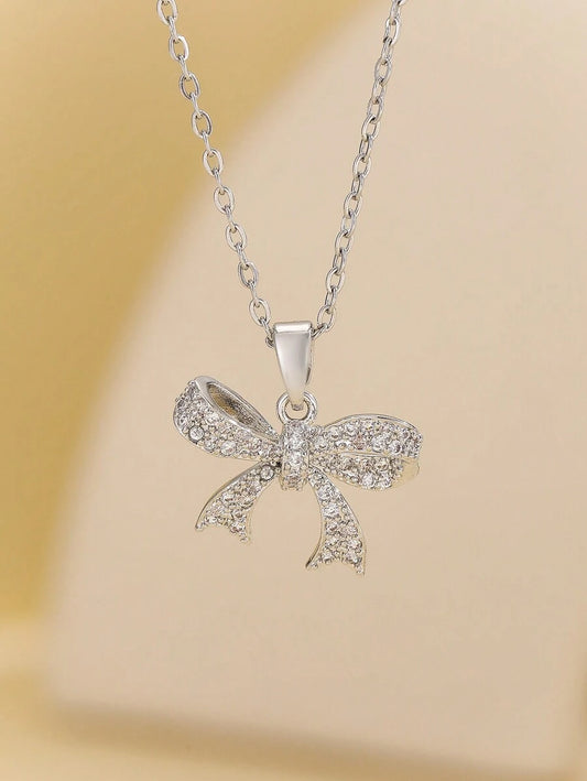 Stainless Steel Rhinestone Bow Necklace