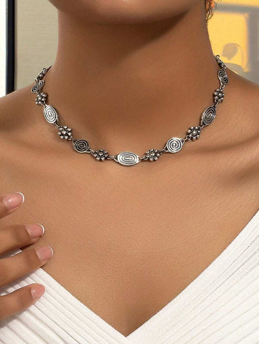 Spiral Floral Necklace - Antique Silver