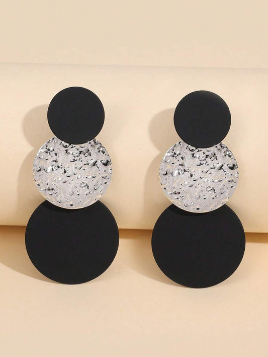 Contrast Color Round Textured Disc Earrings - Silver