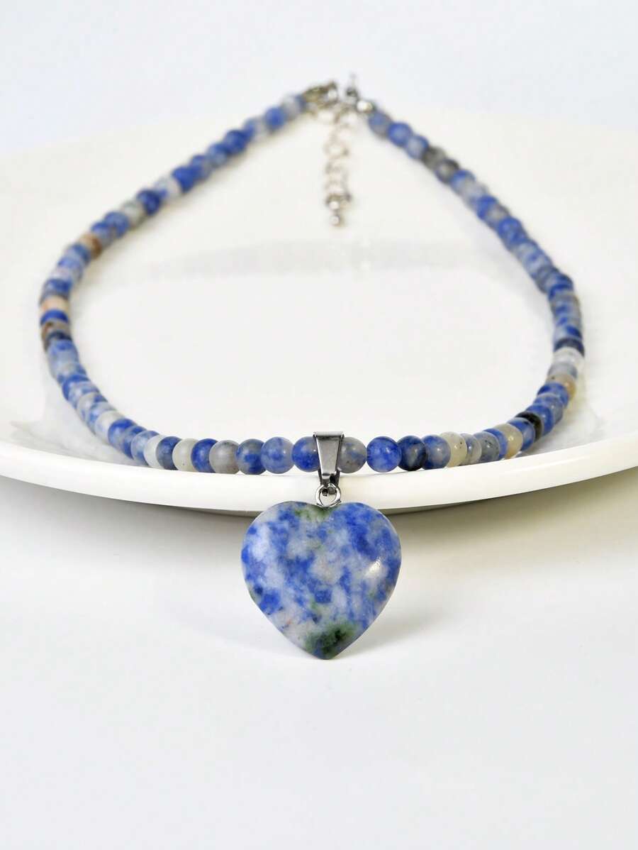 Natural Stone Heart Necklace - Blue Dot