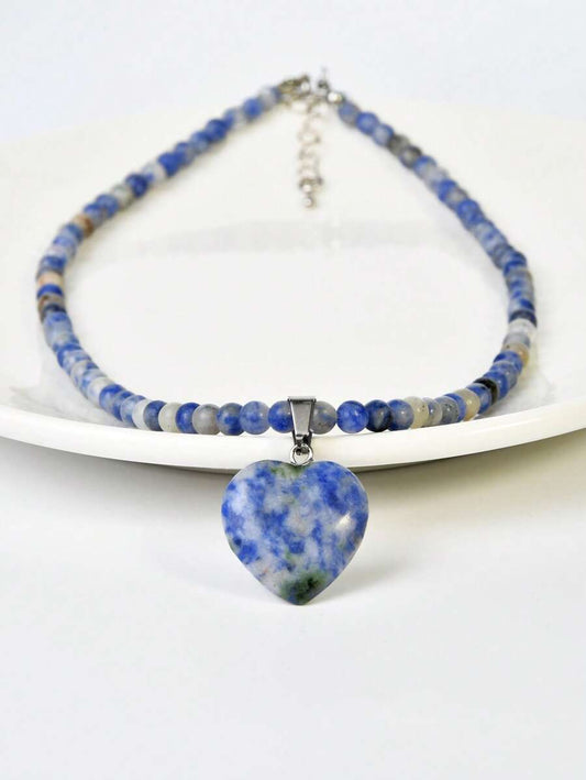 Natural Stone Heart Necklace - Blue Dot