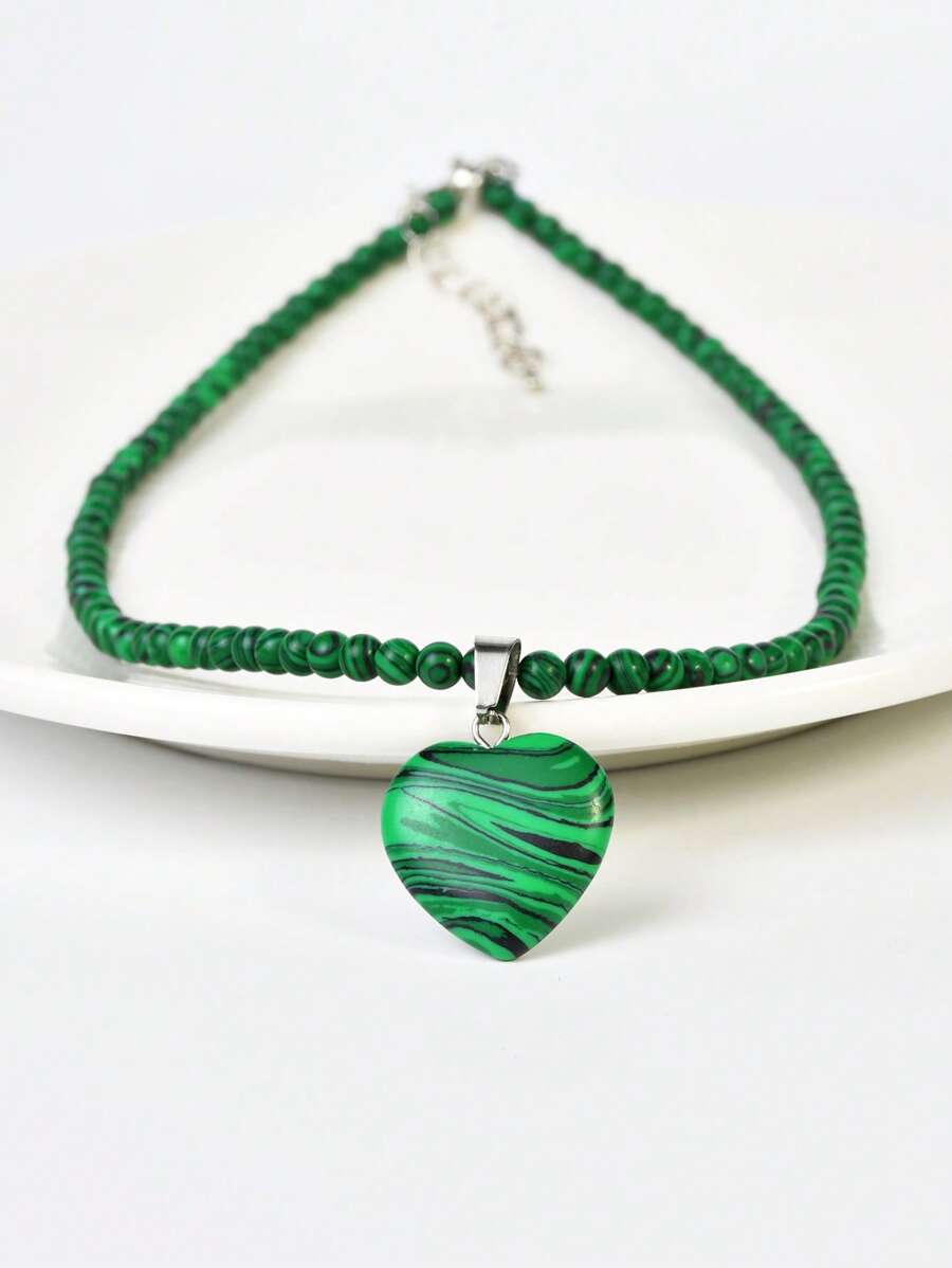 Natural Stone Heart Necklace - Malachite