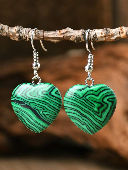 Natural Stone Heart Earrings - Malachite
