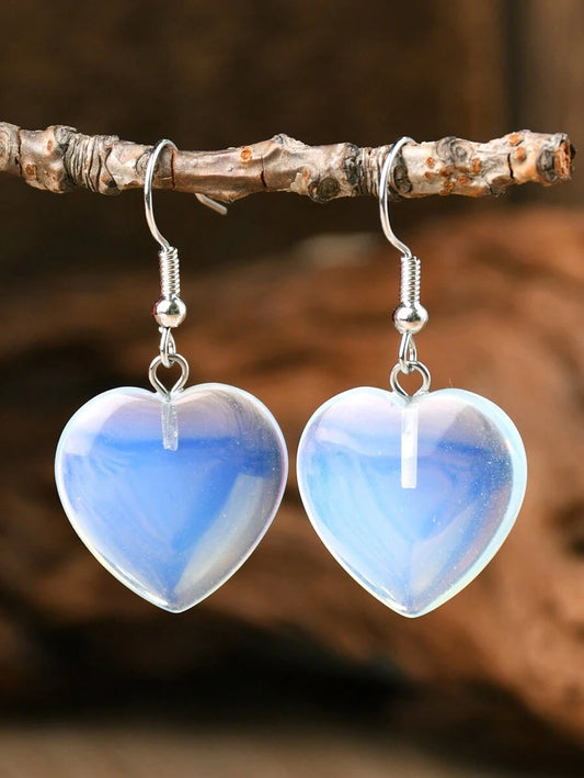 Natural Stone Heart Earrings - Opal